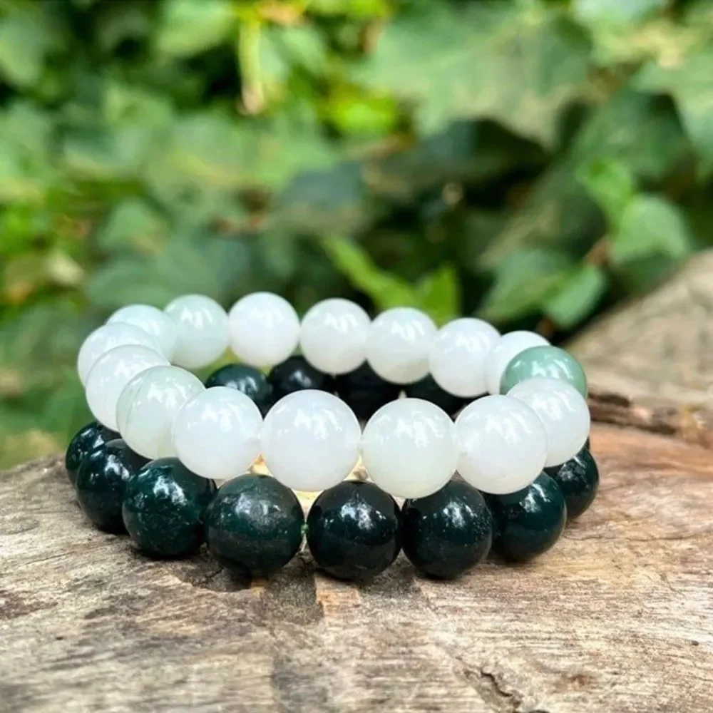 10mm Natural moss agate‎ and white jade bracelet set